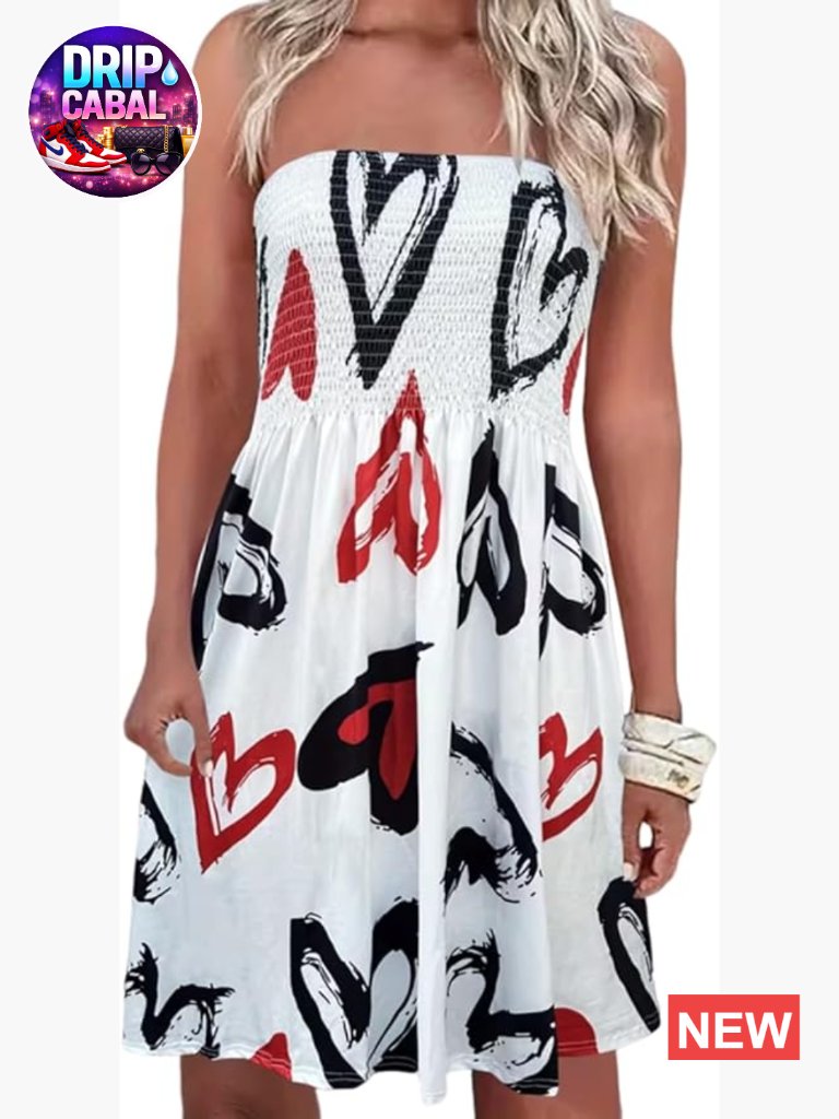 Polyester Blend Smocked Strapless Bandeau Dress, Knee Length A-Line Sundress